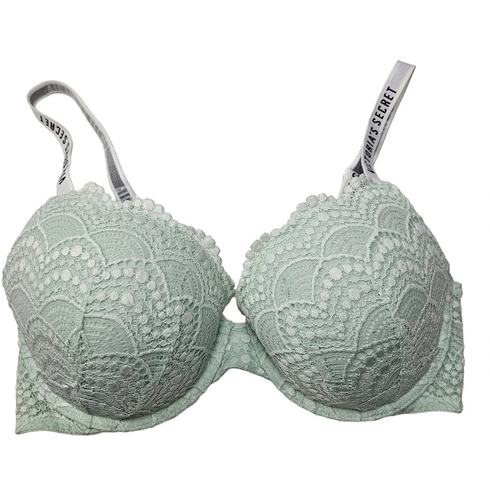 Victoria's‎ Secret T-Shirt Push Up Full Coverage Bra 36D Mint Lace Logo Straps